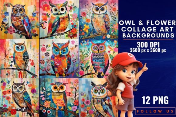 Owl & Flower Collage Art Backgrounds: A Designer's Whimsical Toolkit